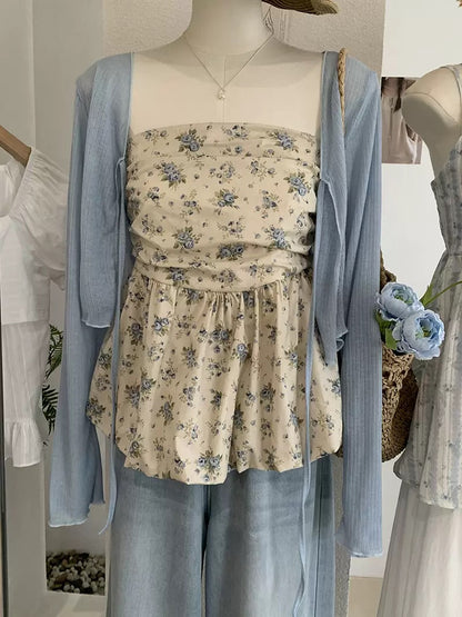 Melissa Floral Blue Ruched Bud Top
