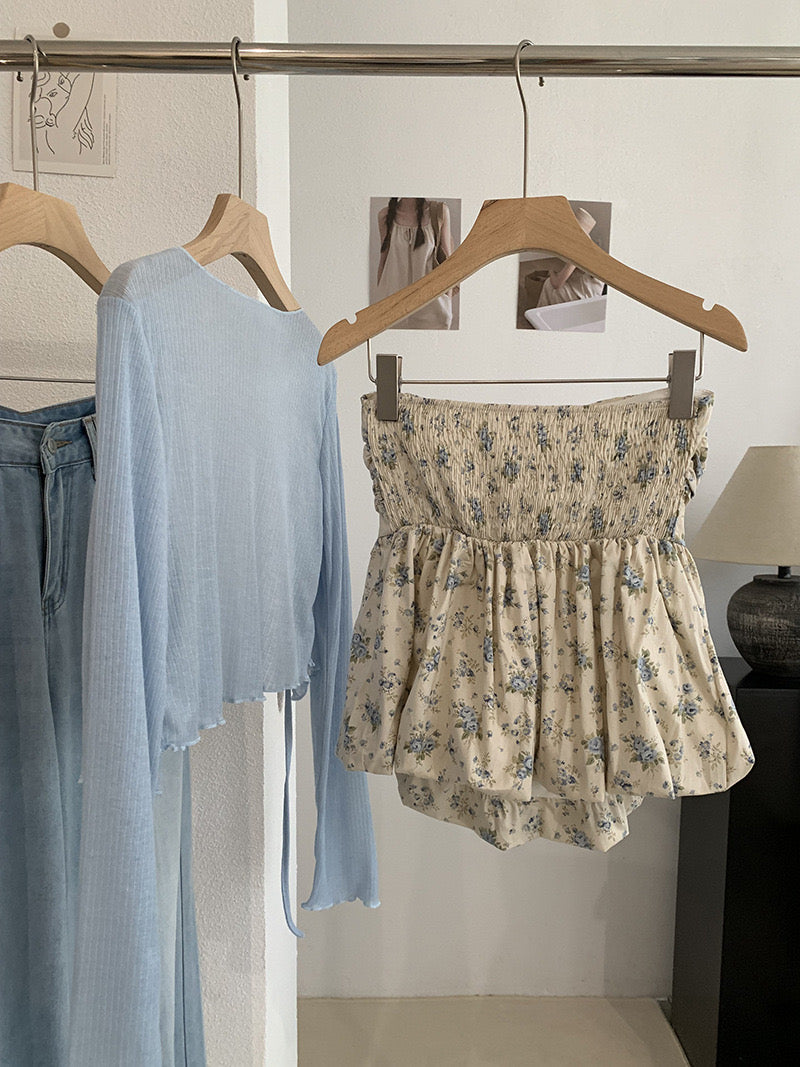 Melissa Floral Blue Ruched Bud Top