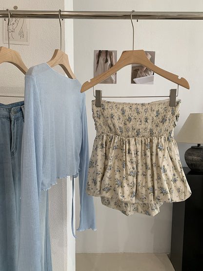 Melissa Floral Blue Ruched Bud Top