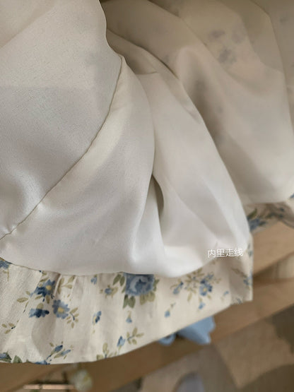 Melissa Floral Blue Ruched Bud Top