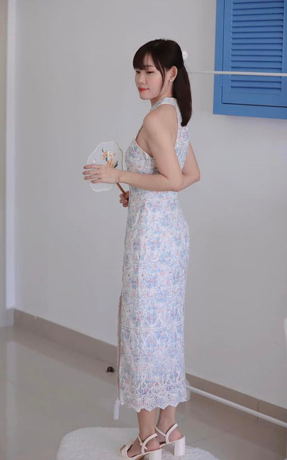Summer Blue Embroidered Cheongsam