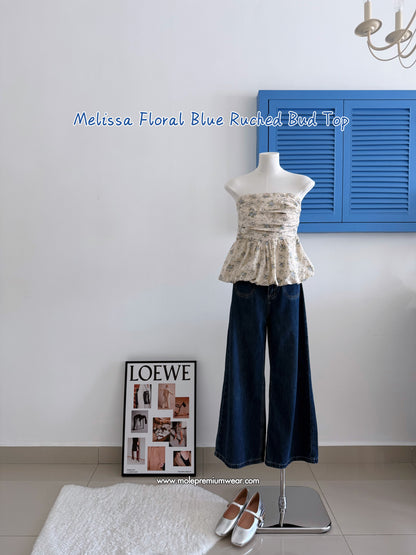 Melissa Floral Blue Ruched Bud Top