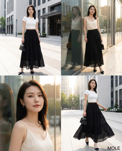Drapey Mesh Pleated Long Skirt