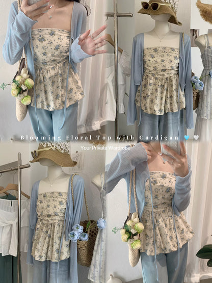 Melissa Floral Blue Ruched Bud Top