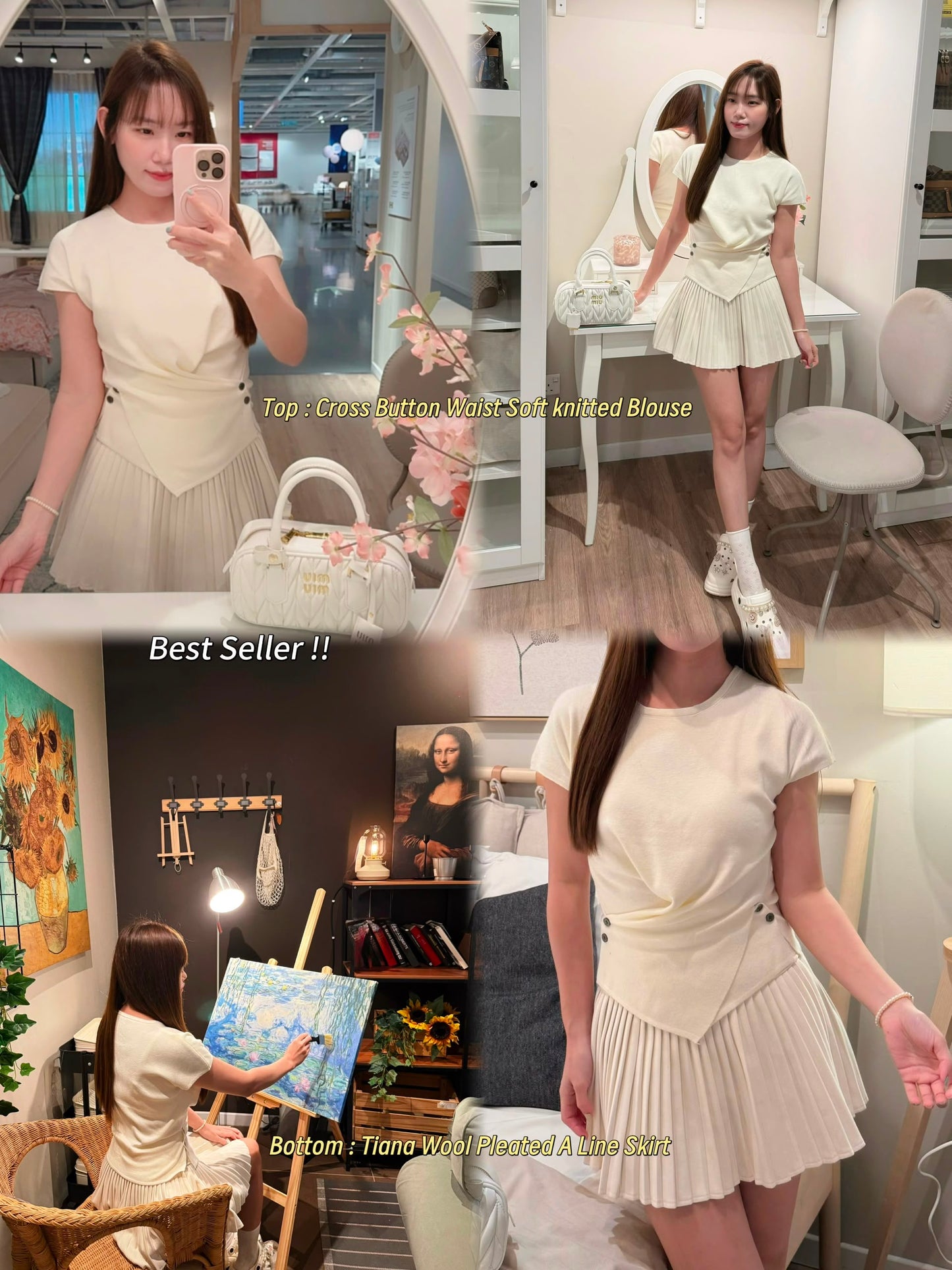 Cross Button Waist Soft Knitted Blouse
