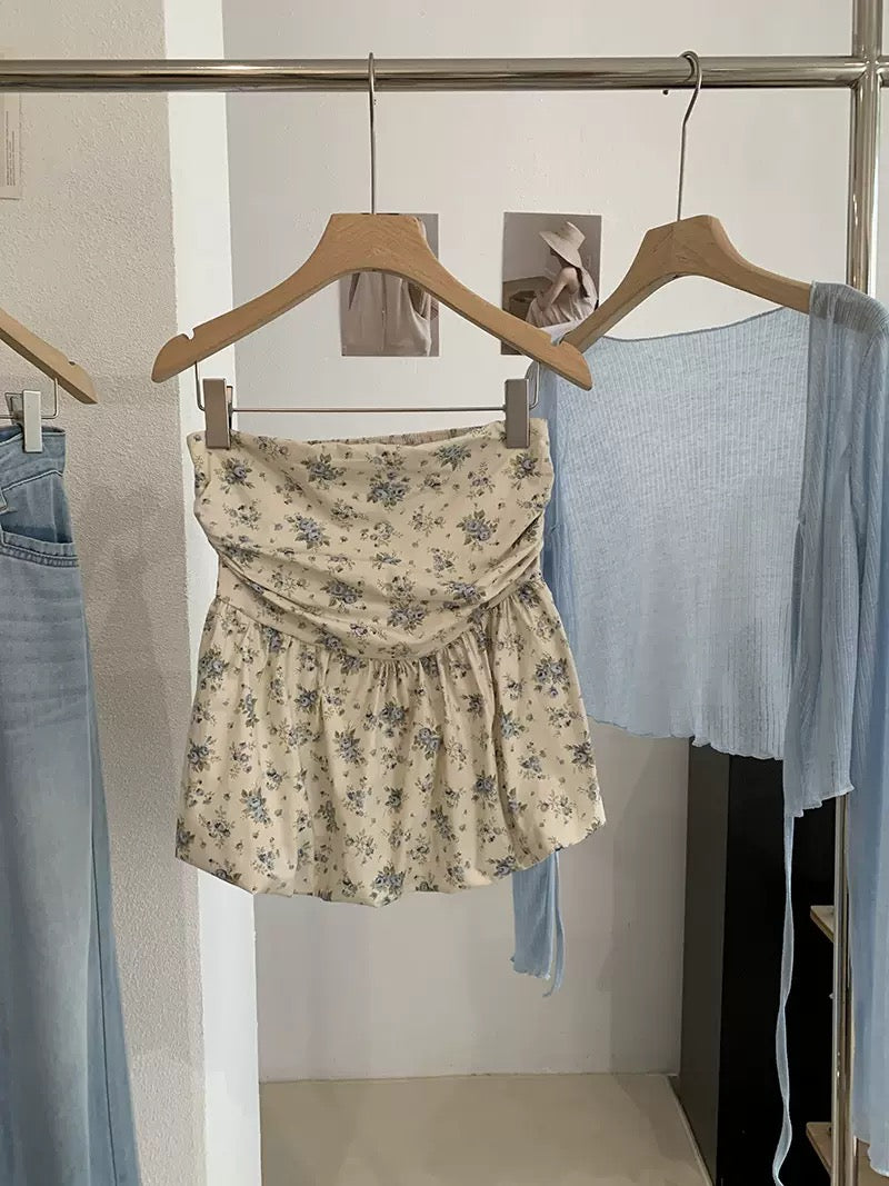Melissa Floral Blue Ruched Bud Top
