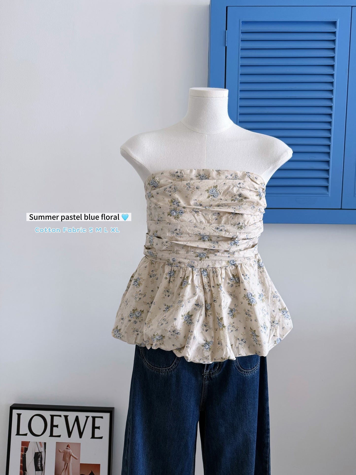 Melissa Floral Blue Ruched Bud Top