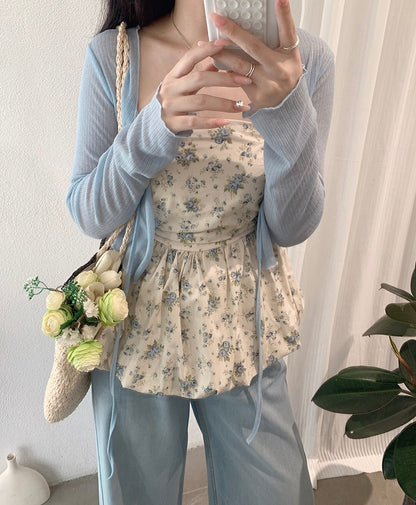 Melissa Floral Blue Ruched Bud Top