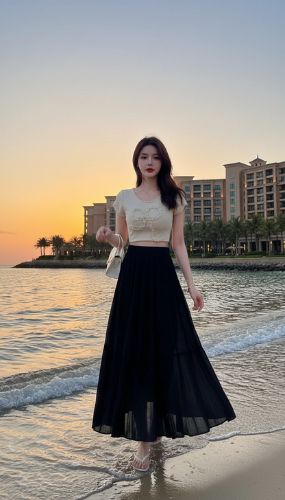 Drapey Mesh Pleated Long Skirt