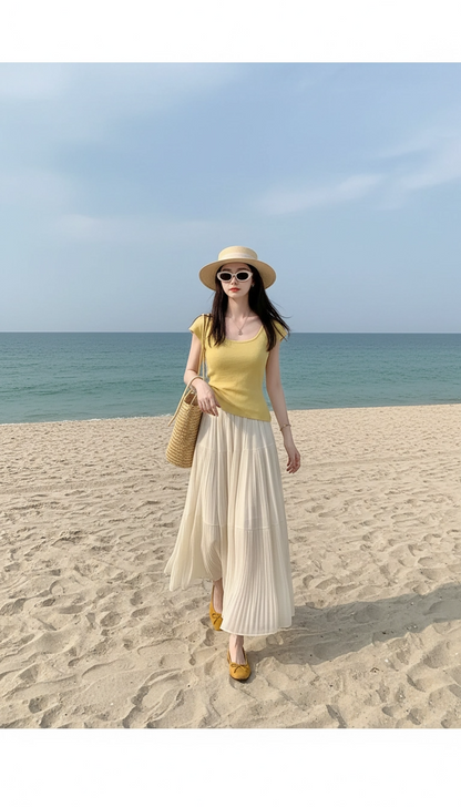 Drapey Mesh Pleated Long Skirt