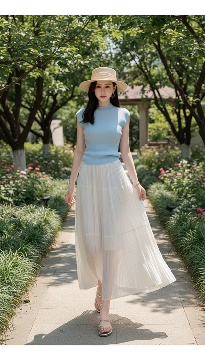 Drapey Mesh Pleated Long Skirt