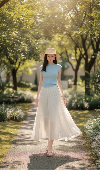 Drapey Mesh Pleated Long Skirt