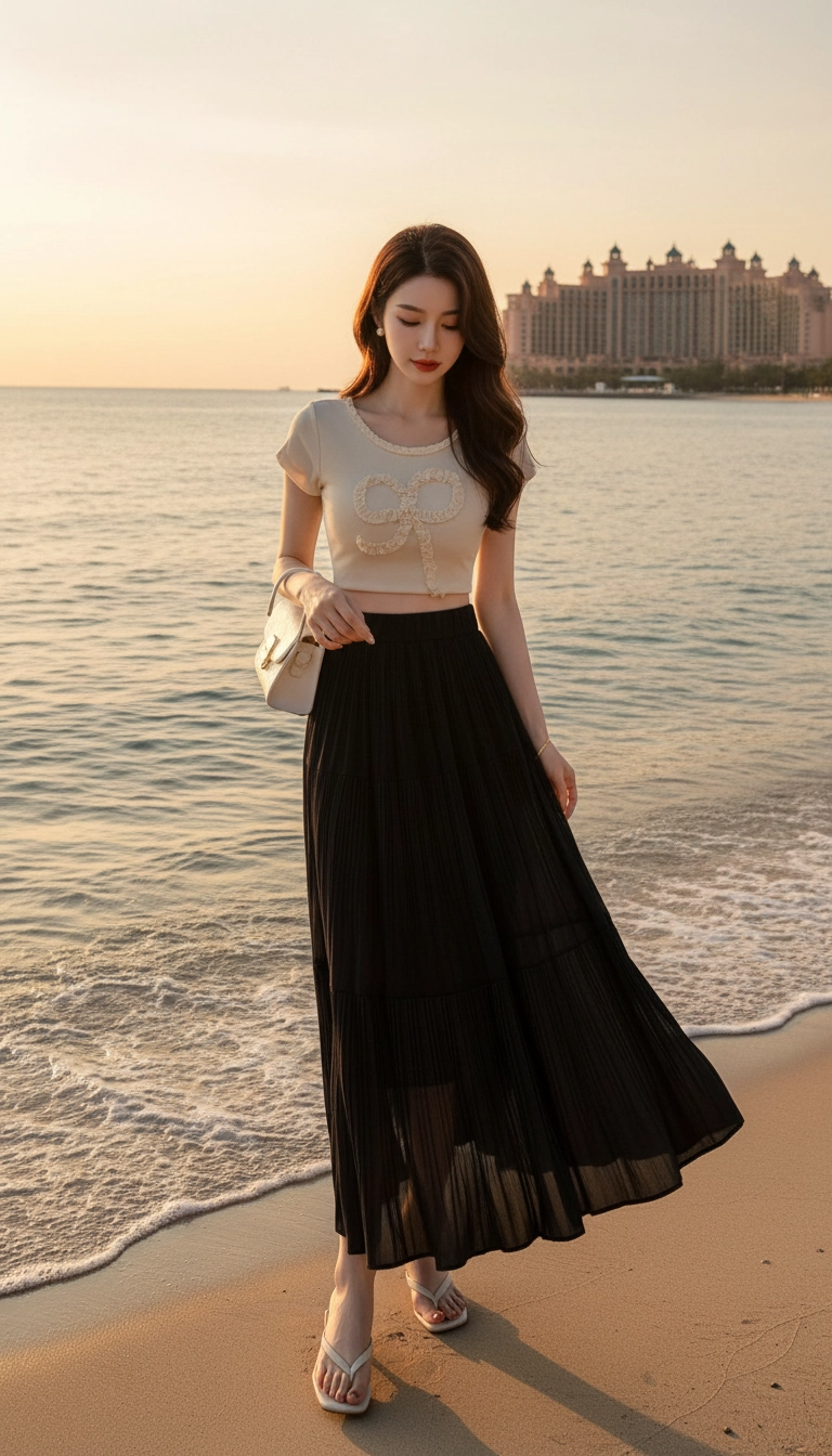 Drapey Mesh Pleated Long Skirt