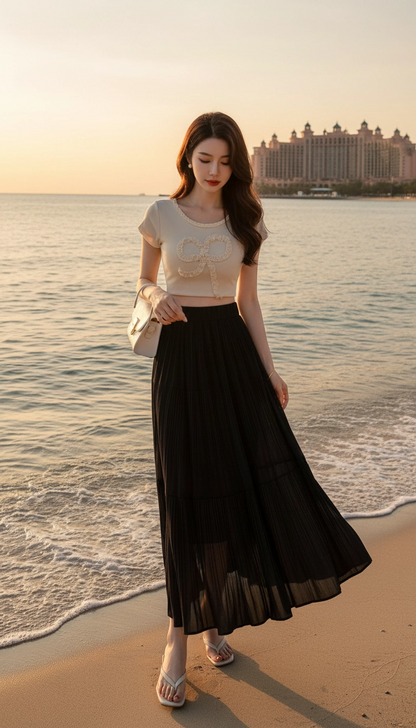 Drapey Mesh Pleated Long Skirt