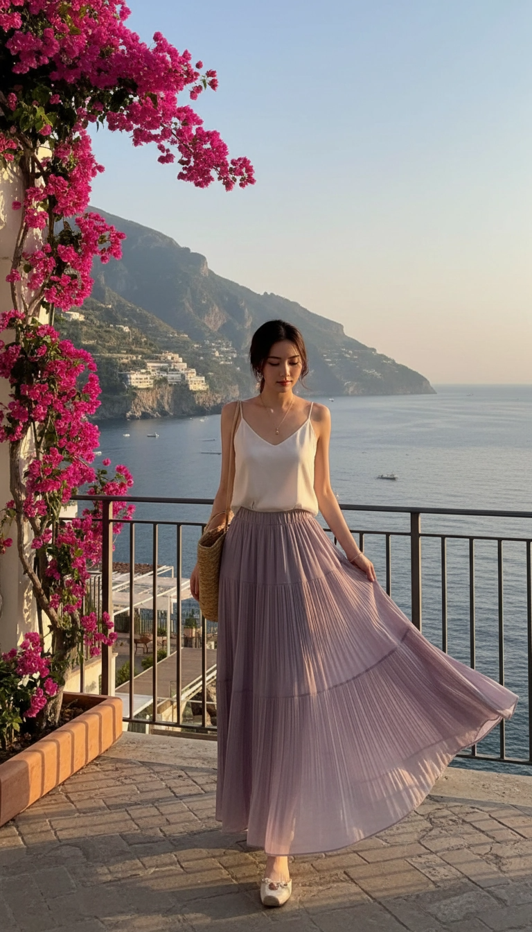 Drapey Mesh Pleated Long Skirt
