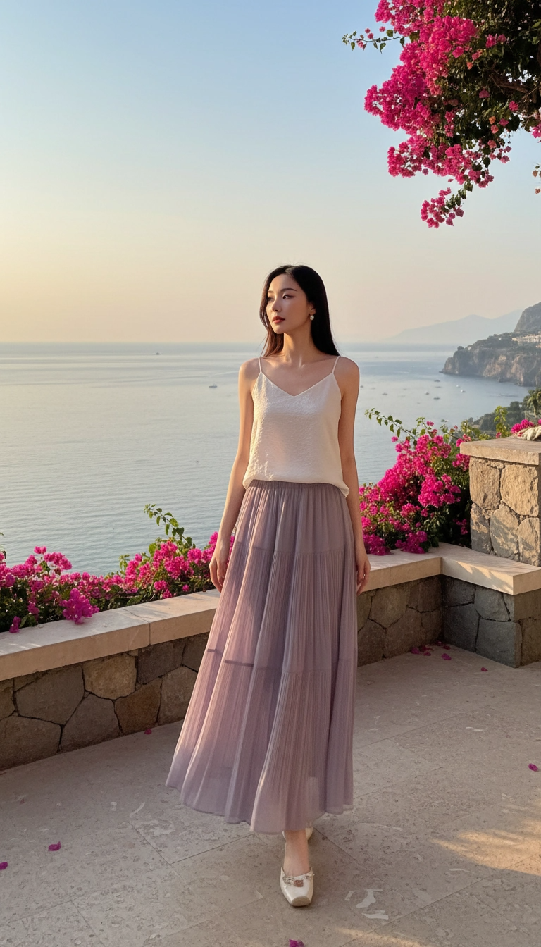 Drapey Mesh Pleated Long Skirt