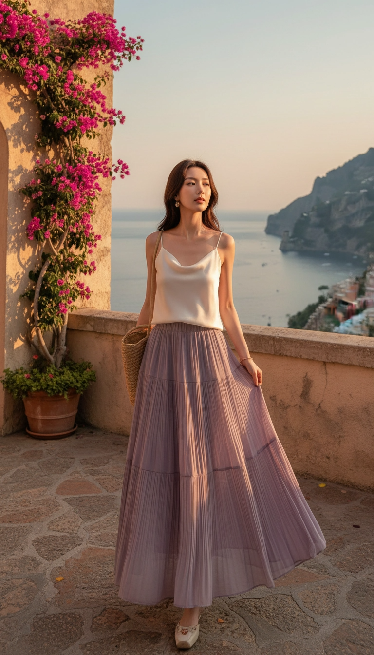 Drapey Mesh Pleated Long Skirt