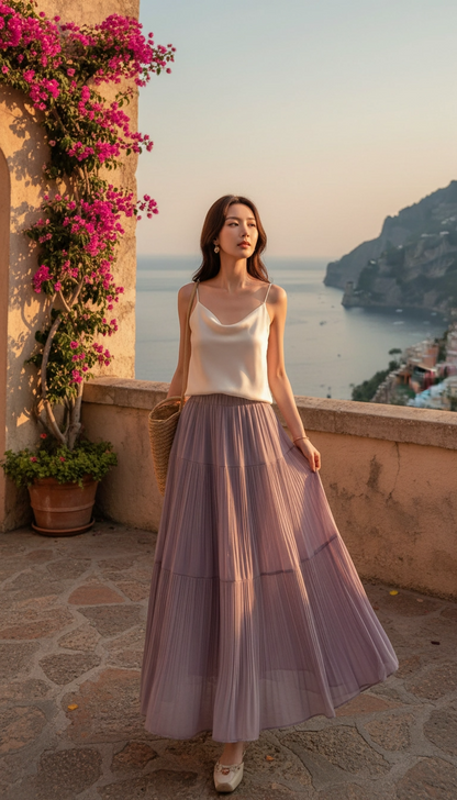 Drapey Mesh Pleated Long Skirt