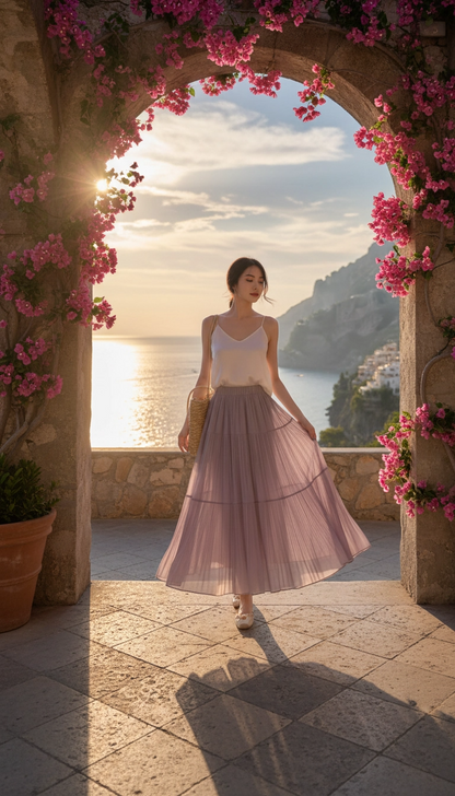 Drapey Mesh Pleated Long Skirt