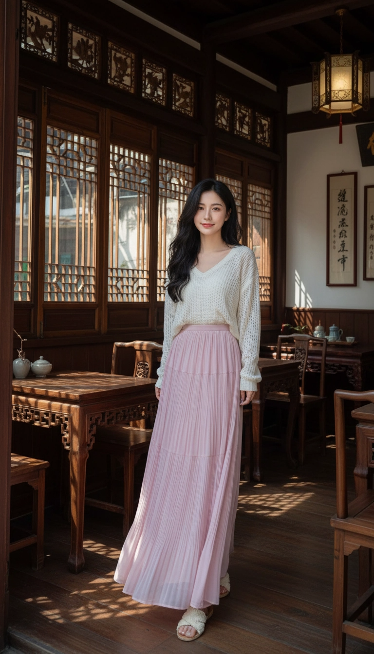 Drapey Mesh Pleated Long Skirt