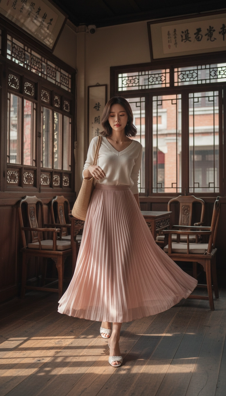 Drapey Mesh Pleated Long Skirt