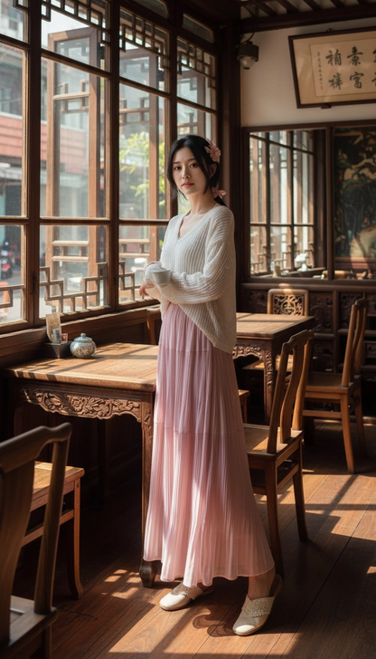 Drapey Mesh Pleated Long Skirt