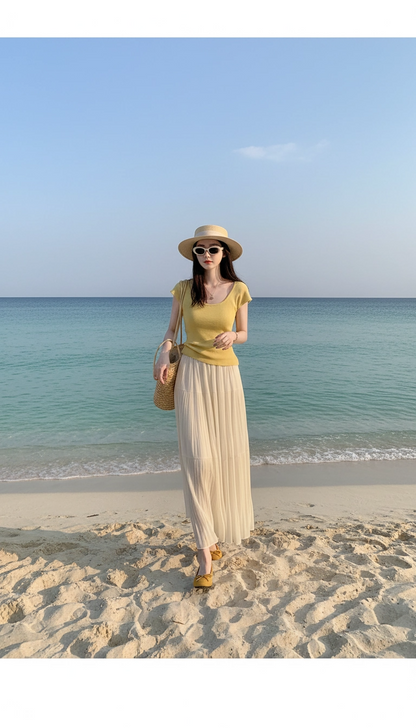 Drapey Mesh Pleated Long Skirt