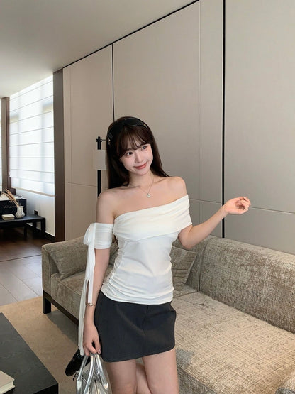 Mia One Shoulder Ribbon Cotton Tee