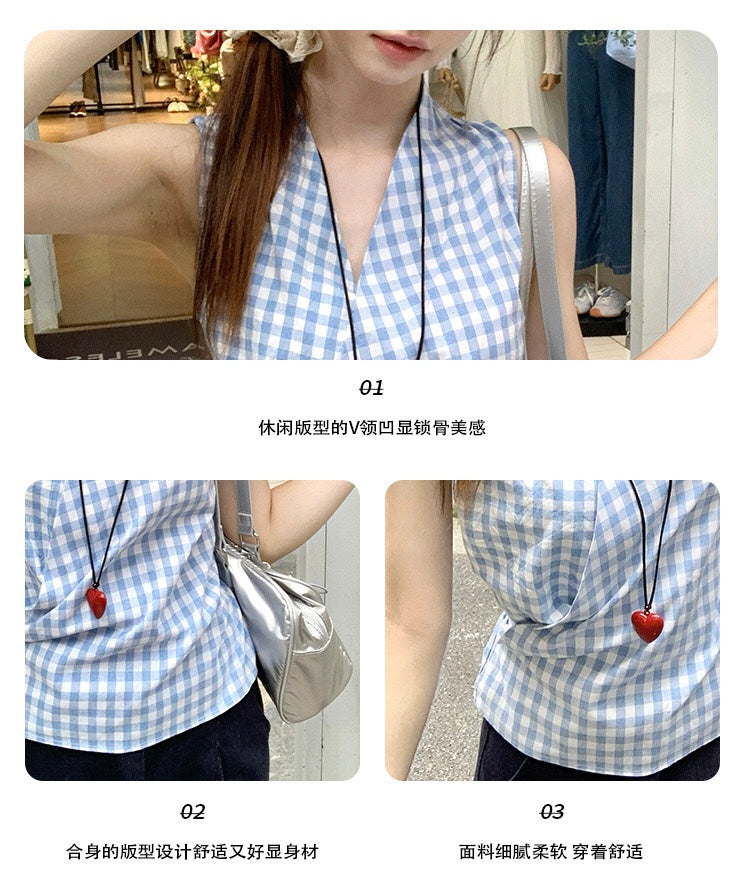 交叉V领系带格子上衣