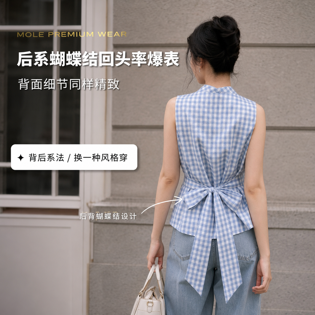 Cross V-Neck Waist Tie Plaid Top
