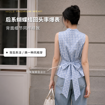 Cross V-Neck Waist Tie Plaid Top