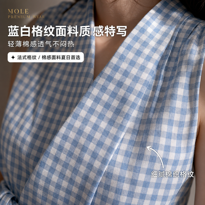Cross V-Neck Waist Tie Plaid Top