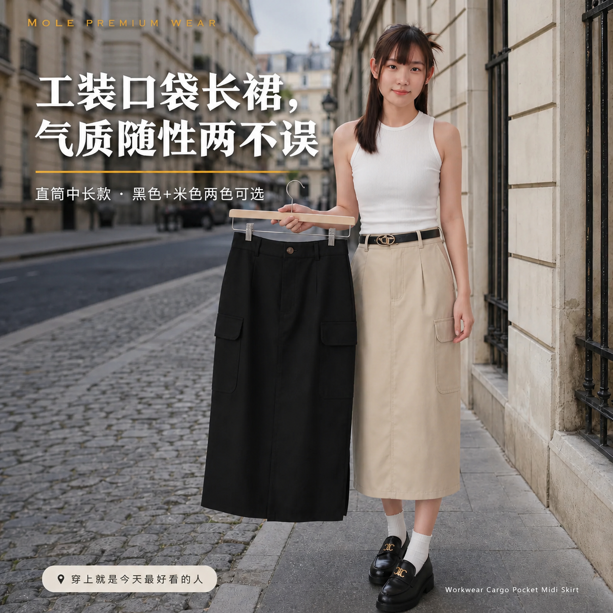 Workwear Cargo Pocket Midi Skirt