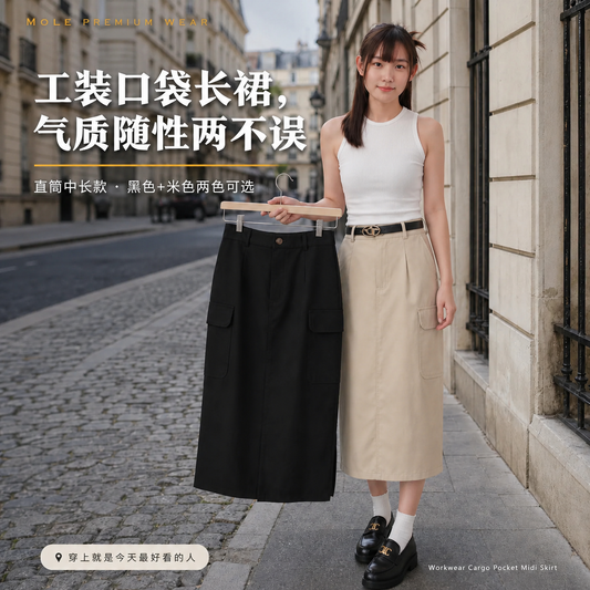 Workwear Cargo Pocket Midi Skirt