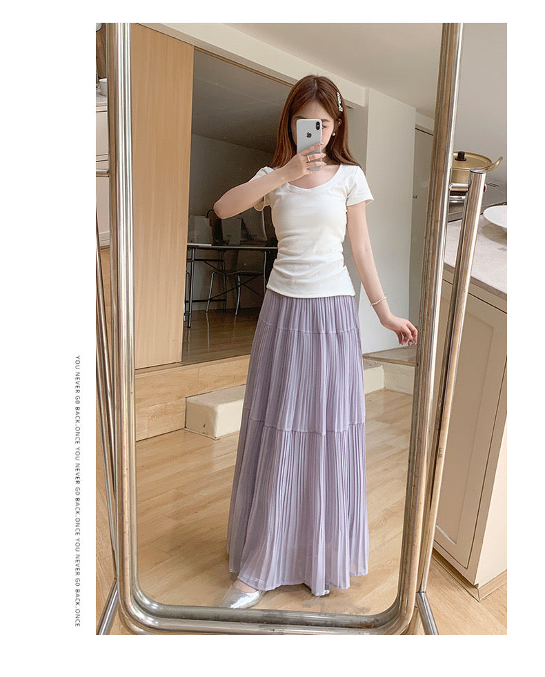 Drapey Mesh Pleated Long Skirt