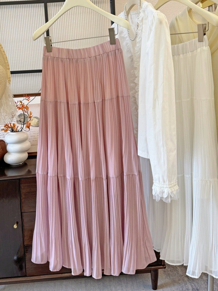 Drapey Mesh Pleated Long Skirt
