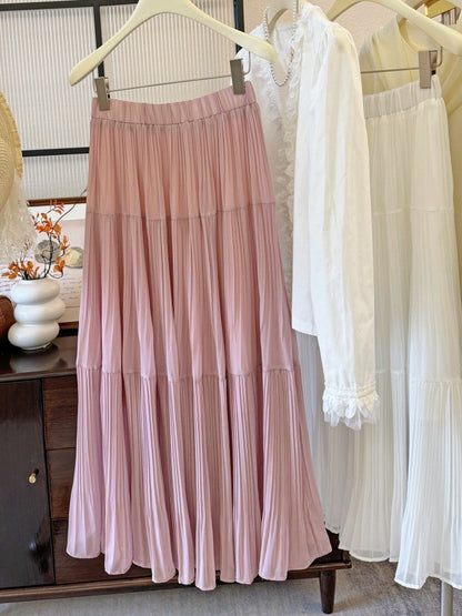 Drapey Mesh Pleated Long Skirt