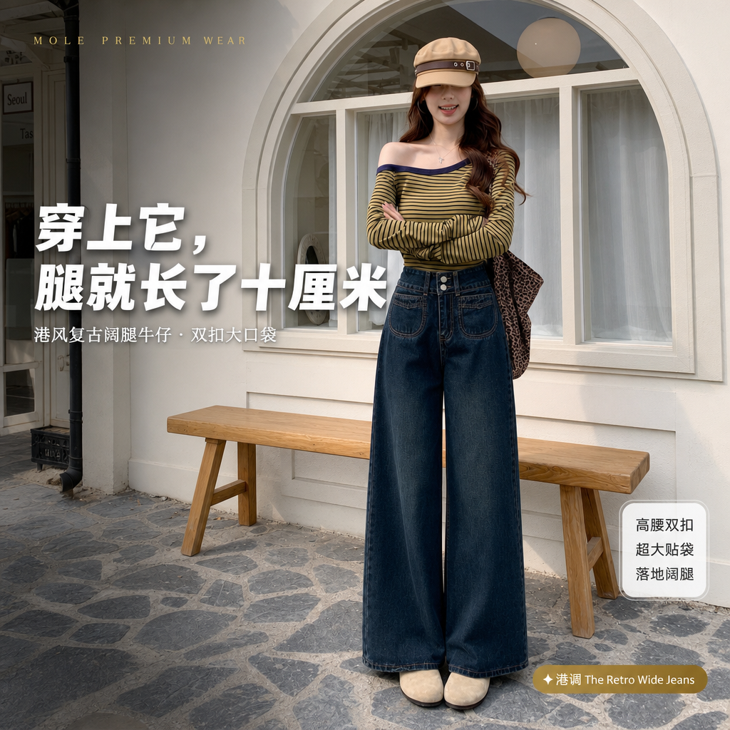 Celina Dark Blue Retro Wide-Leg Jeans