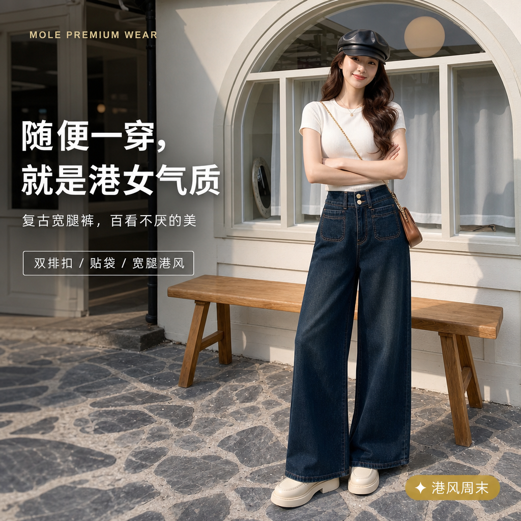 Celina Dark Blue Retro Wide-Leg Jeans