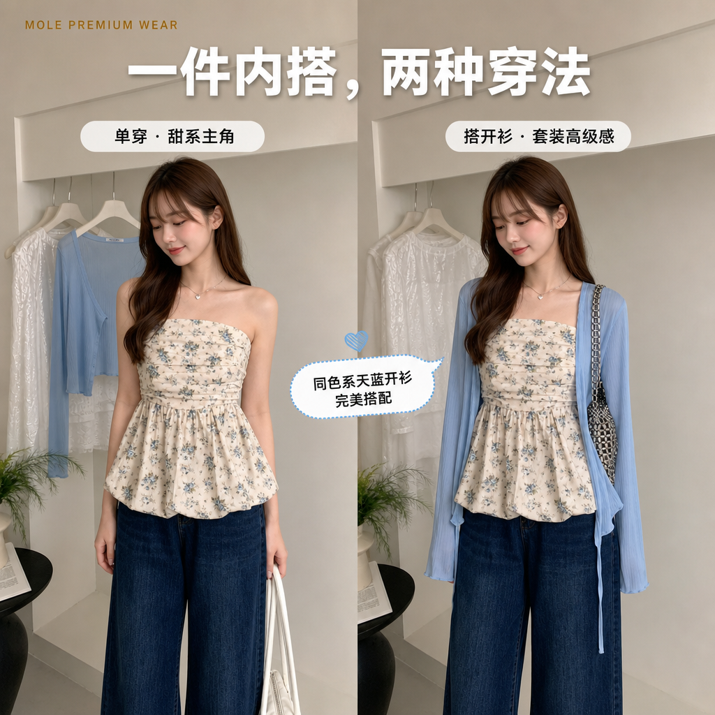 Melissa Floral Blue Ruched Bud Top