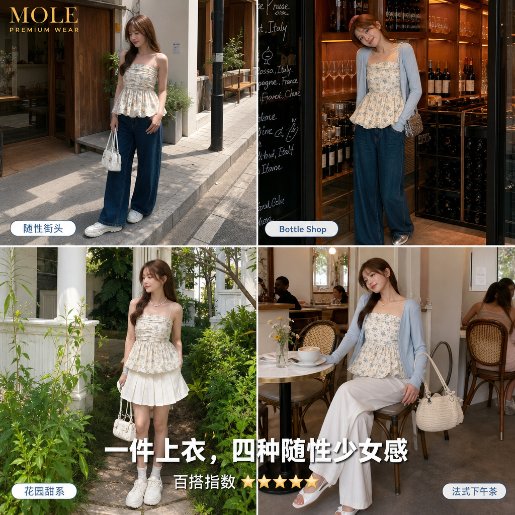 Melissa Floral Blue Ruched Bud Top