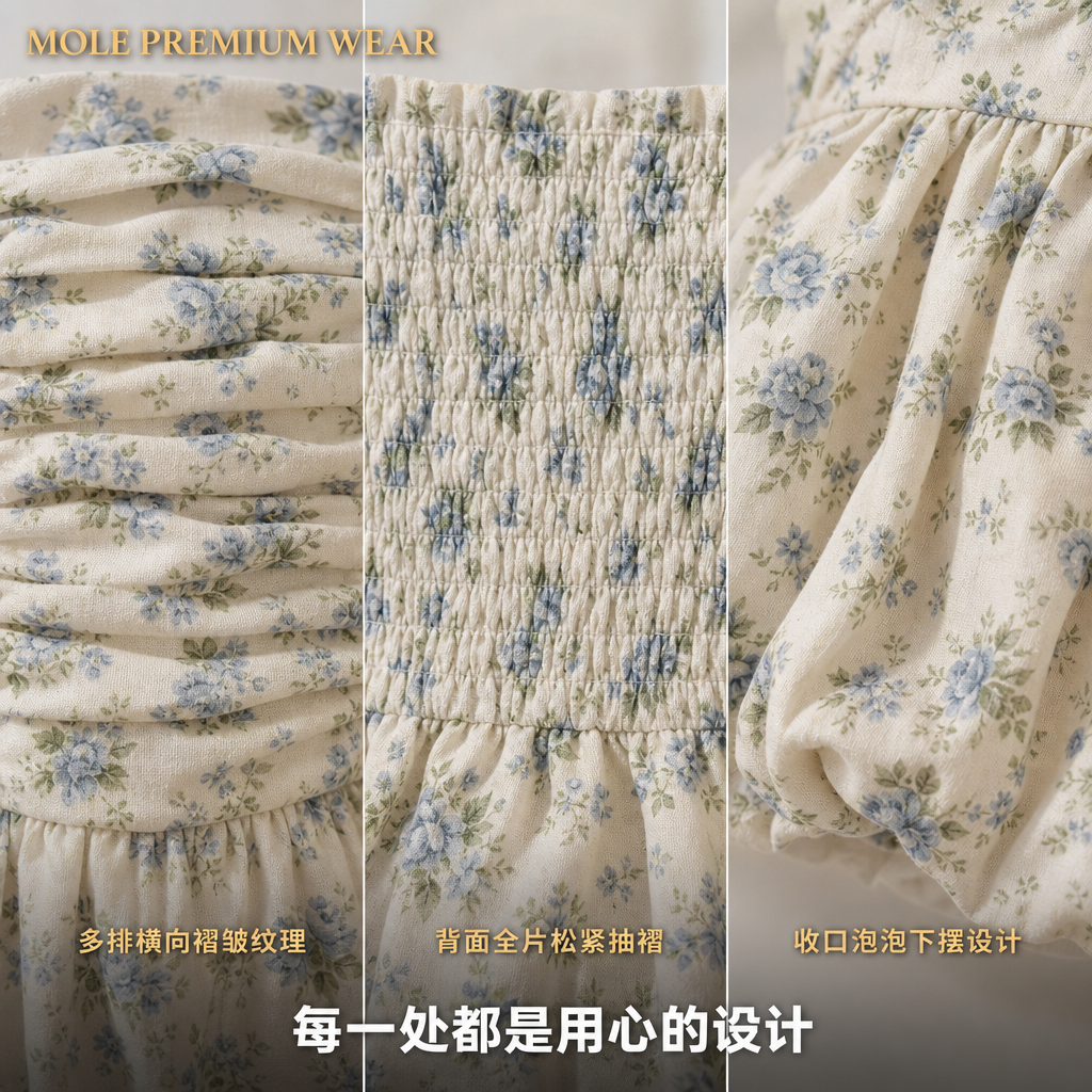 Melissa Floral Blue Ruched Bud Top