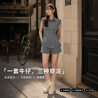 Retro Irregular Denim Suit
