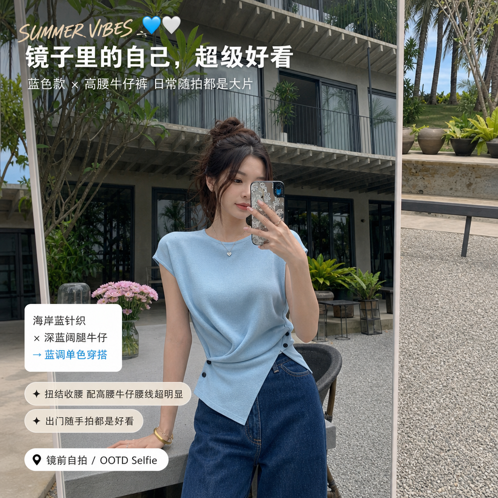 Cross Button Waist Soft Knitted Blouse