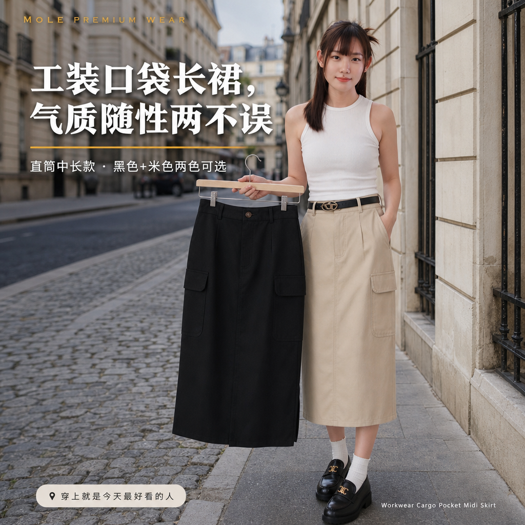 Workwear Cargo Pocket Midi Skirt