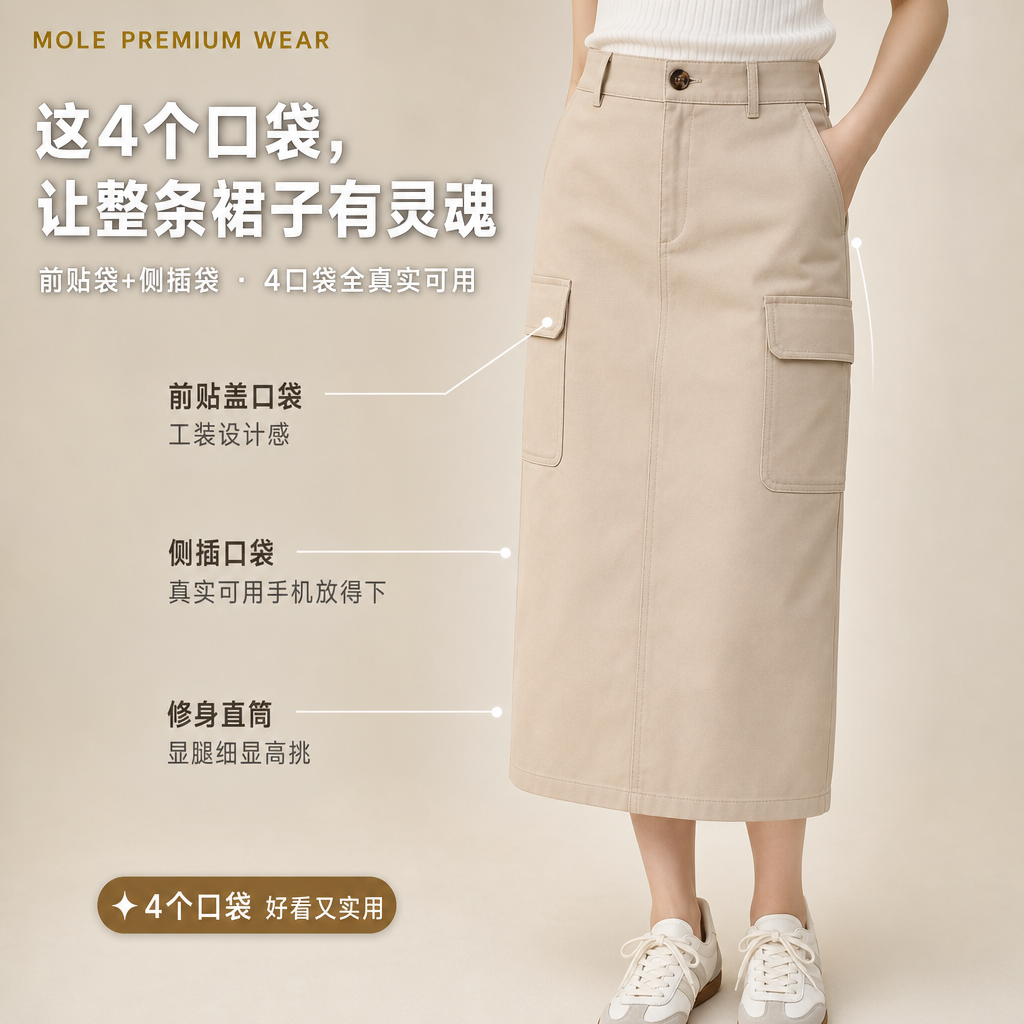 Workwear Cargo Pocket Midi Skirt