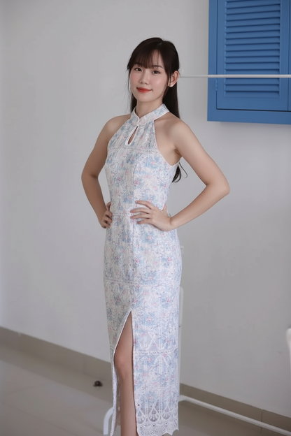 Summer Blue Embroidered Cheongsam