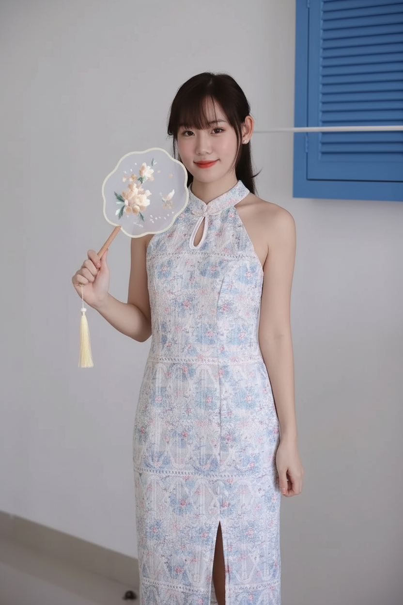 Summer Blue Embroidered Cheongsam