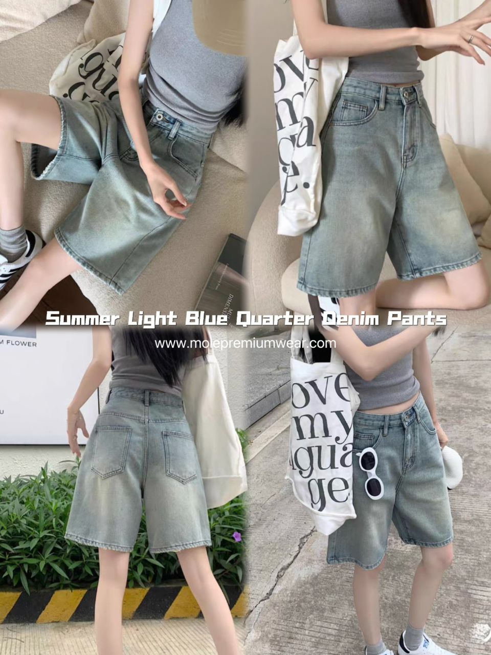 Summer Light Blue Quarter Denim Pants