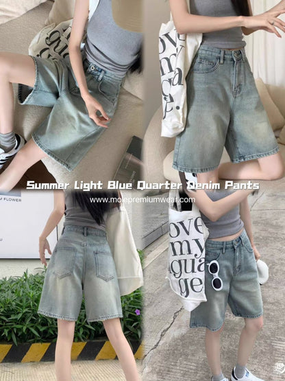 Summer Light Blue Quarter Denim Pants